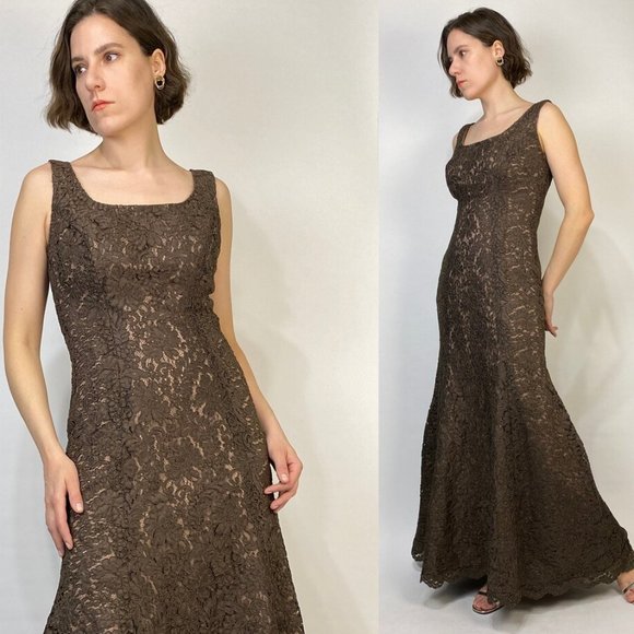 Vintage 1990s ELEGANT Brown LACE Maxi GOWN with Mermaid Cut! Medium - Picture 1 of 7